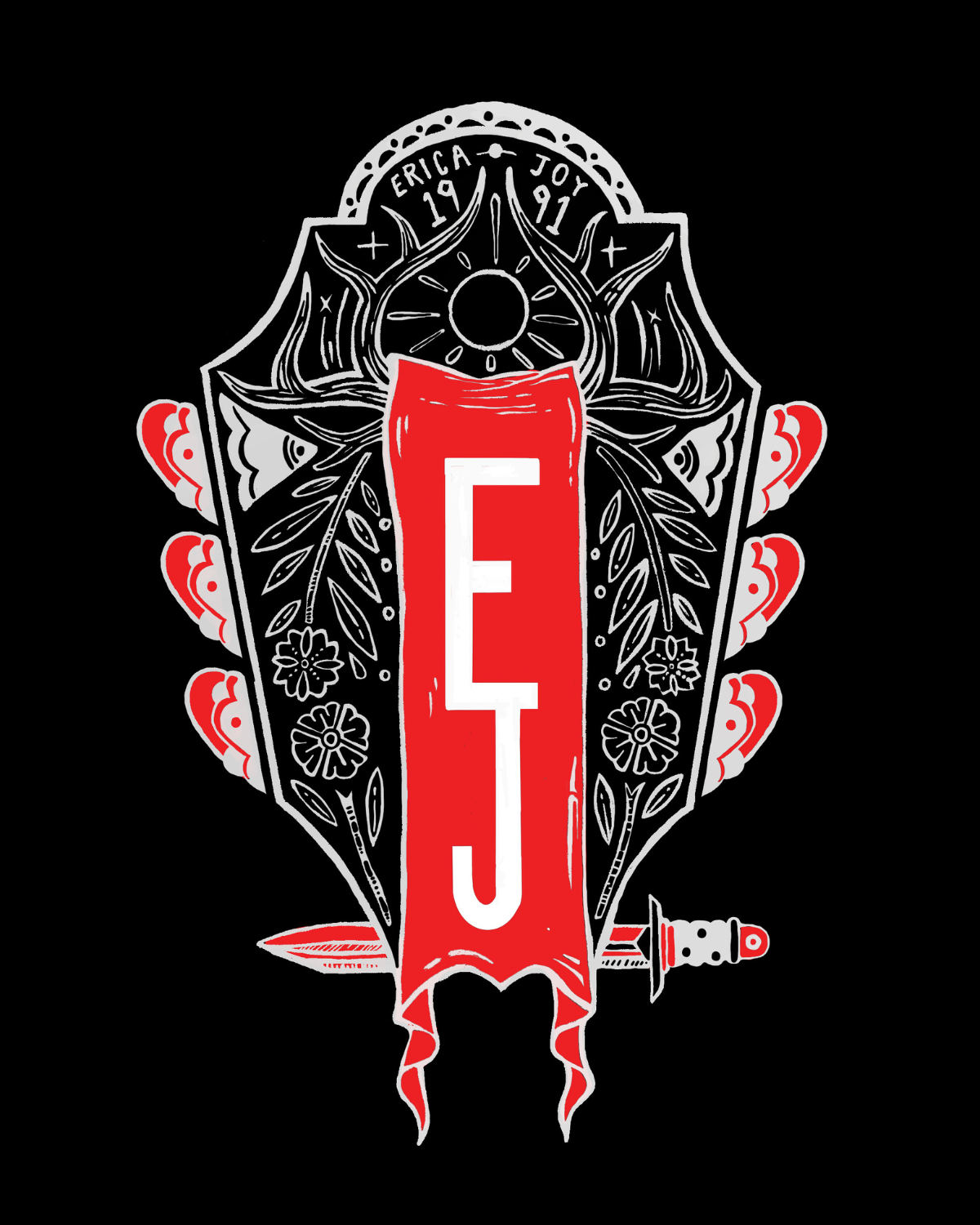Design featuring a central red banner with the letters 'FJ', surrounded by floral patterns, a sun, and a dagger, with the words 'ERICA 1991' at the top.