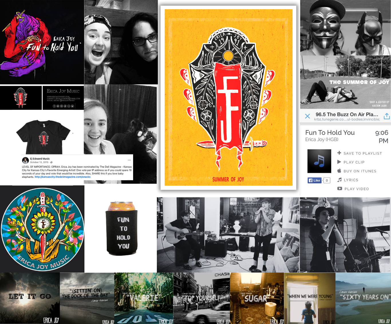 Collage of promotional images, band photos, album covers, and social media posts related to Erica Joy Music, featuring band members, promotional graphics, and song information.