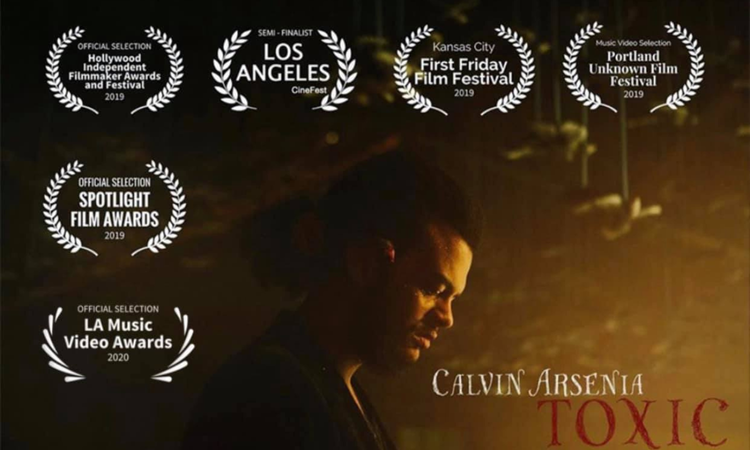 A poster for the film 'Toxic' by Calvin Arsenia features multiple film festival laurels, including awards from Hollywood, Los Angeles, Kansas City, Portland, Spotlight Film, and LA Music Video Awards. The poster shows a side profile of a man with glasses in a dark, moody setting.
