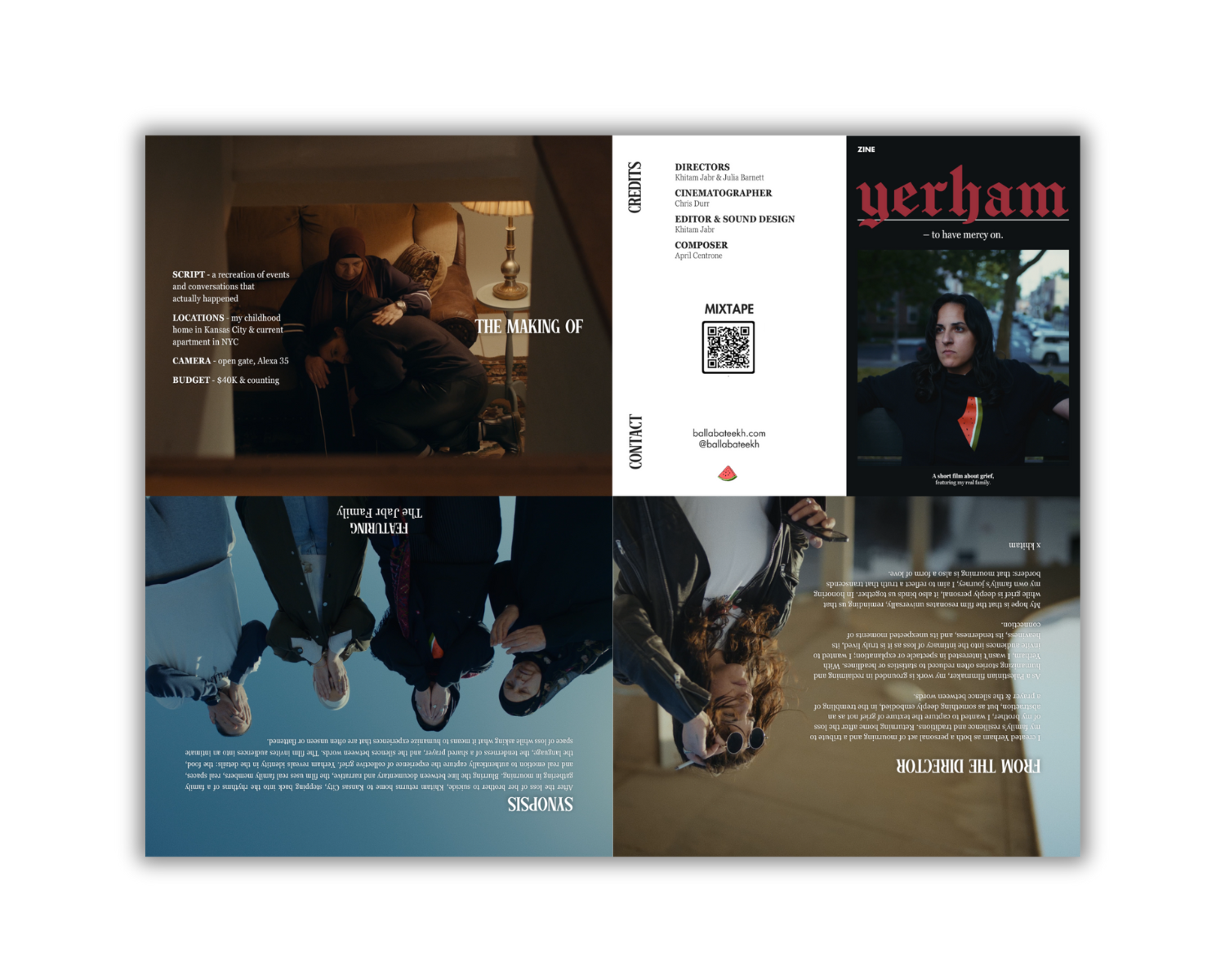 A trifold brochure featuring scenes from a film. The front panel shows a woman with dark hair and a watermelon shirt sitting outside. The back panels display scenes with people, including a group of friends and a person lying on a couch, along with text describing the film's story and production details.