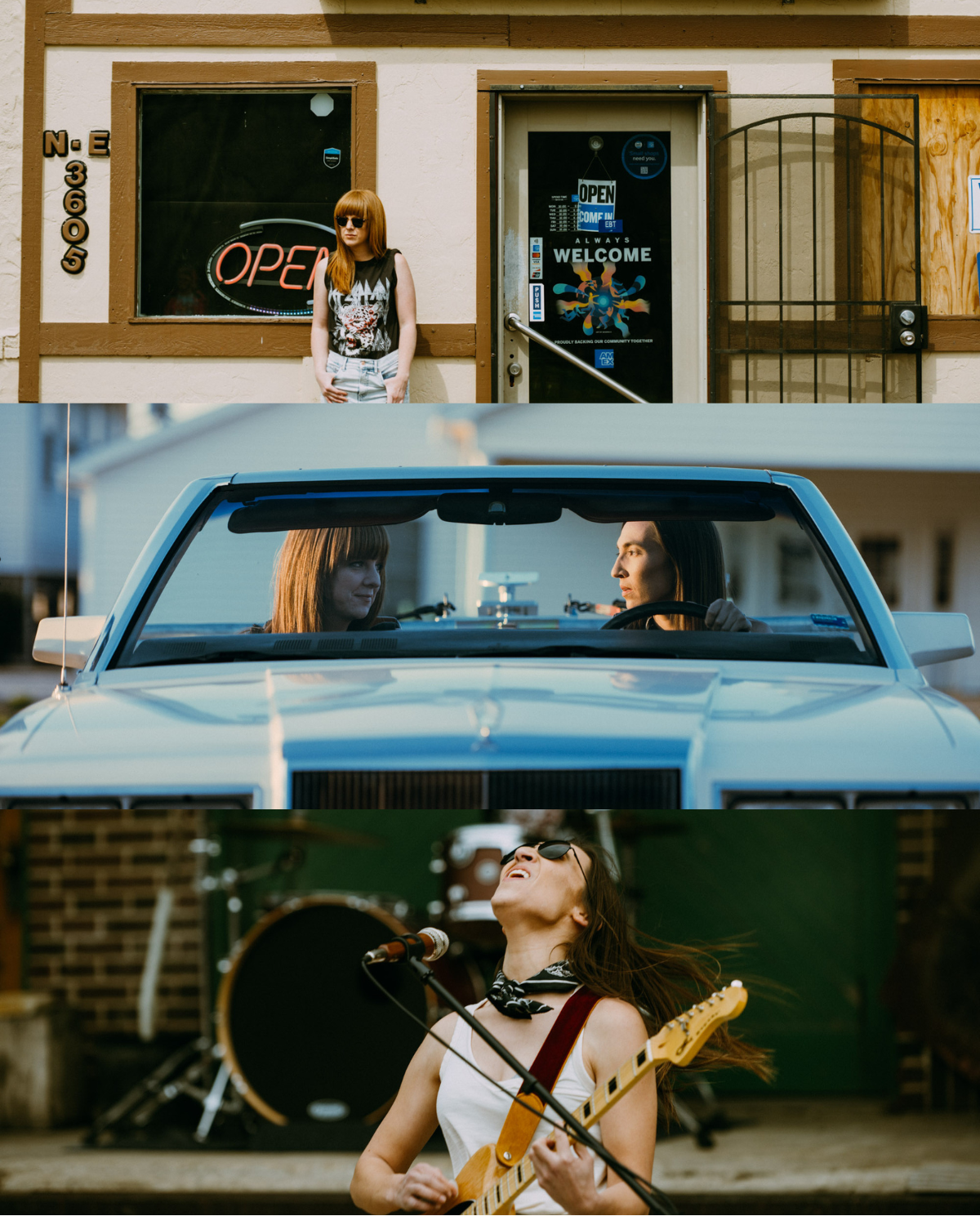A collage of three images: the first shows a woman standing in front of a storefront with neon 'OPEN' signs and a welcome sign; the second depicts two women in a car, one driving and the other in the passenger seat; the third features a woman playing an electric guitar and singing on stage with a drum set in the background.
