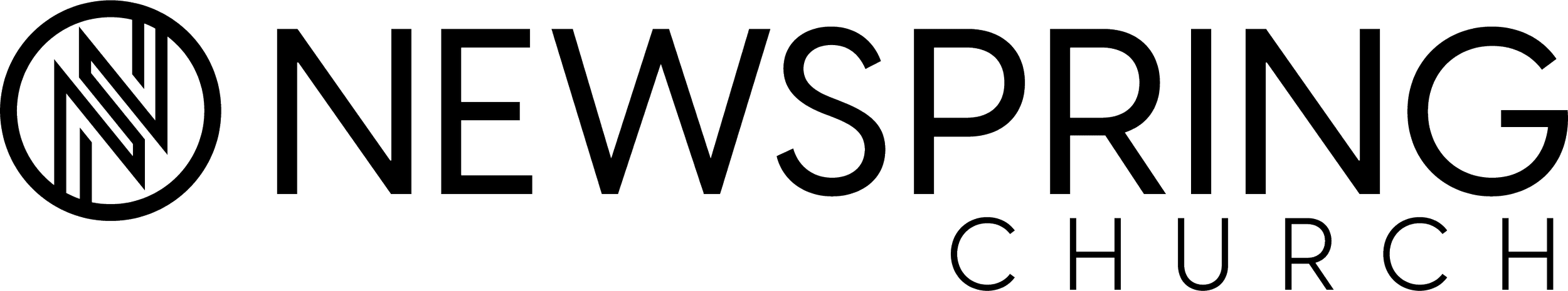 Black and white logo of Newspring Church with a circular emblem containing three diagonal lines next to the words 'NEWS' and 'PRING' in large uppercase letters and the word 'CHURCH' in smaller letters below.