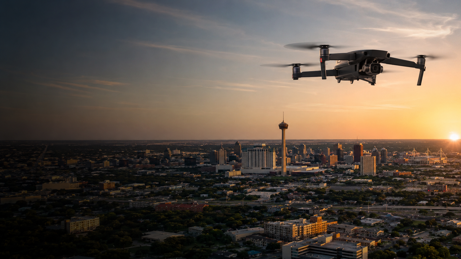 Drone above the San Antonio skyline at sunset