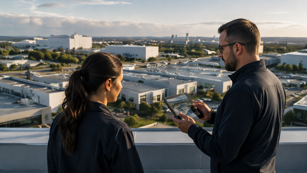 Illustration of two consultants reviewing an industrial site for UAS risk.