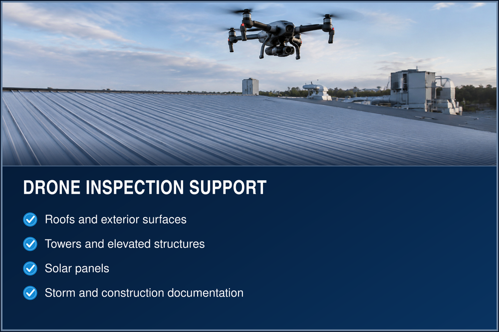 Illustrative view of a drone above an industrial metal roof.