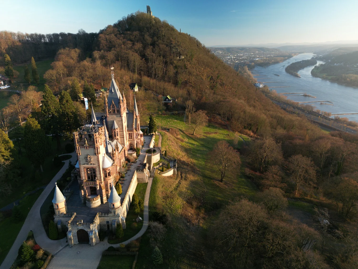 Aerial view of a castle and surrounding landscape