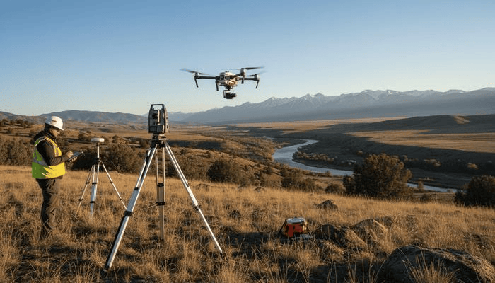A person in safety gear operating surveying equipment outdoors in a grassy field, with a drone flying overhead and mountains in the background.