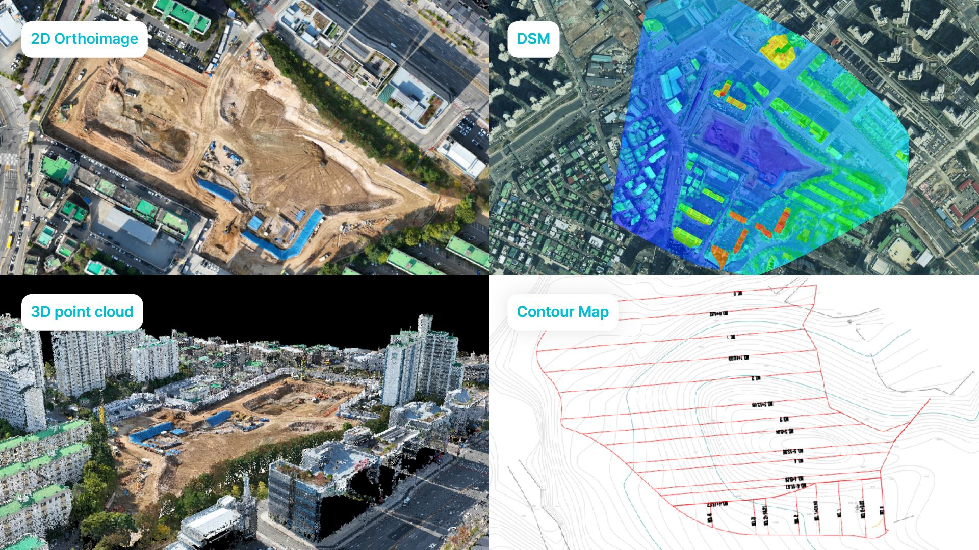 Aerial image showing construction site with excavation and buildings, overlaid with different data visualization maps including a 2D orthomosaic, a digital surface model, a 3D point cloud, and a contour map, each labeled accordingly.