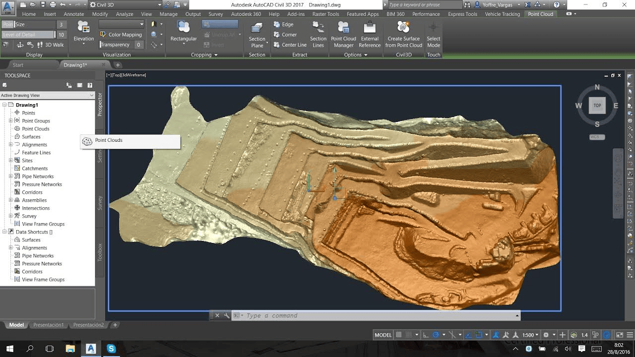 A 3D topographical map created with AutoCAD Civil 3D software showing contour lines and different land elevations, with a color gradient from light to dark indicating varying heights.