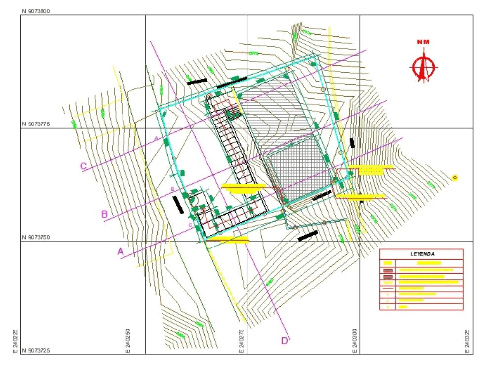 A detailed topographical site map of a construction or architectural plan, featuring contour lines, structural elements, and a legend, with directional compass at the top right.