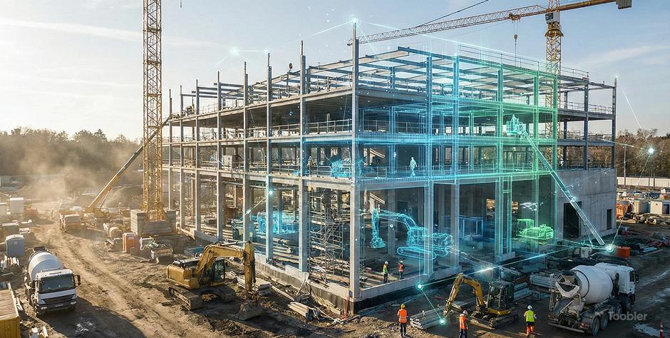 A construction site with a steel framework of a multi-story building under development, surrounded by construction vehicles and workers, with digital overlays of wireframe blueprints and machinery.