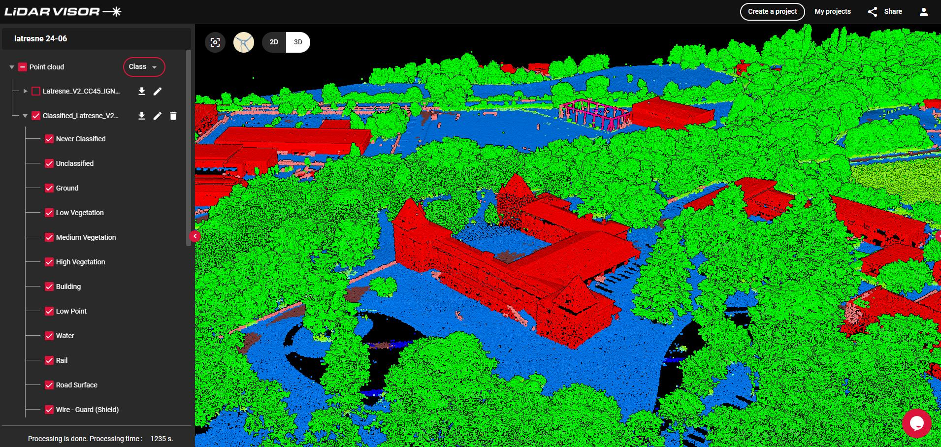 A 3D LiDAR point cloud visualization of an area with low, medium, and high vegetation in green, water in blue, buildings in red, roads in black, and railways in dark gray or black. The interface shows various classification layers on the left side and options to toggle 2D or 3D views.