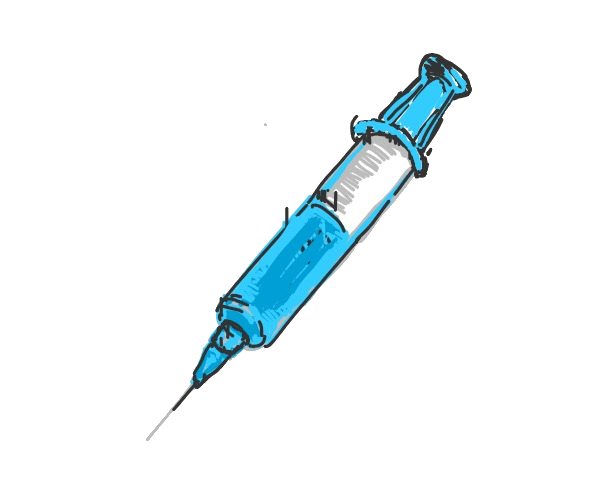 Illustration of a blue and gray syringe with a needle.