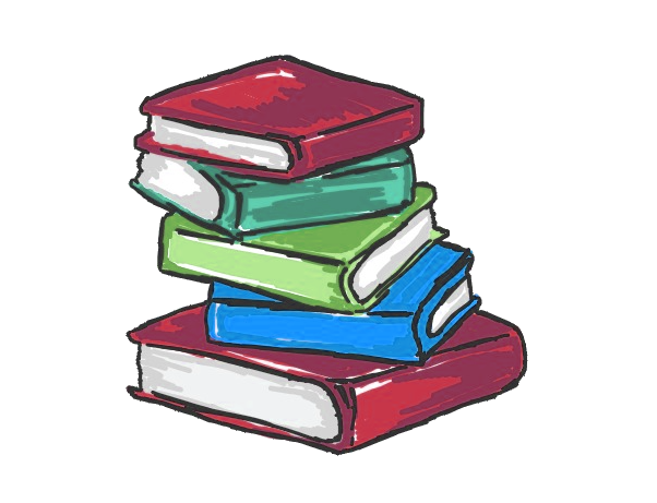 Stack of colorful books, including red, green, blue, and gray, with some books slightly askew.