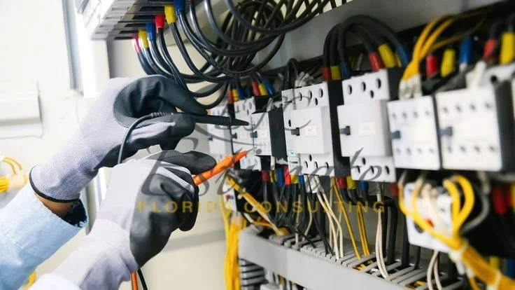 Technician wearing gloves testing electrical wiring in an industrial control panel with multicolored wires.