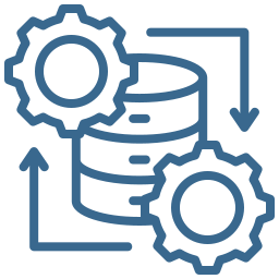 Icon of a database with gear symbols and arrows, representing data processing or database management.
