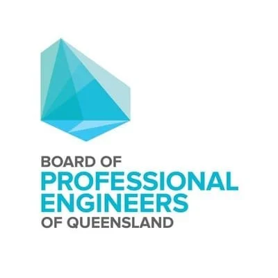 Logo for the Board of Professional Engineers of Queensland featuring a stylized blue geometric shape.