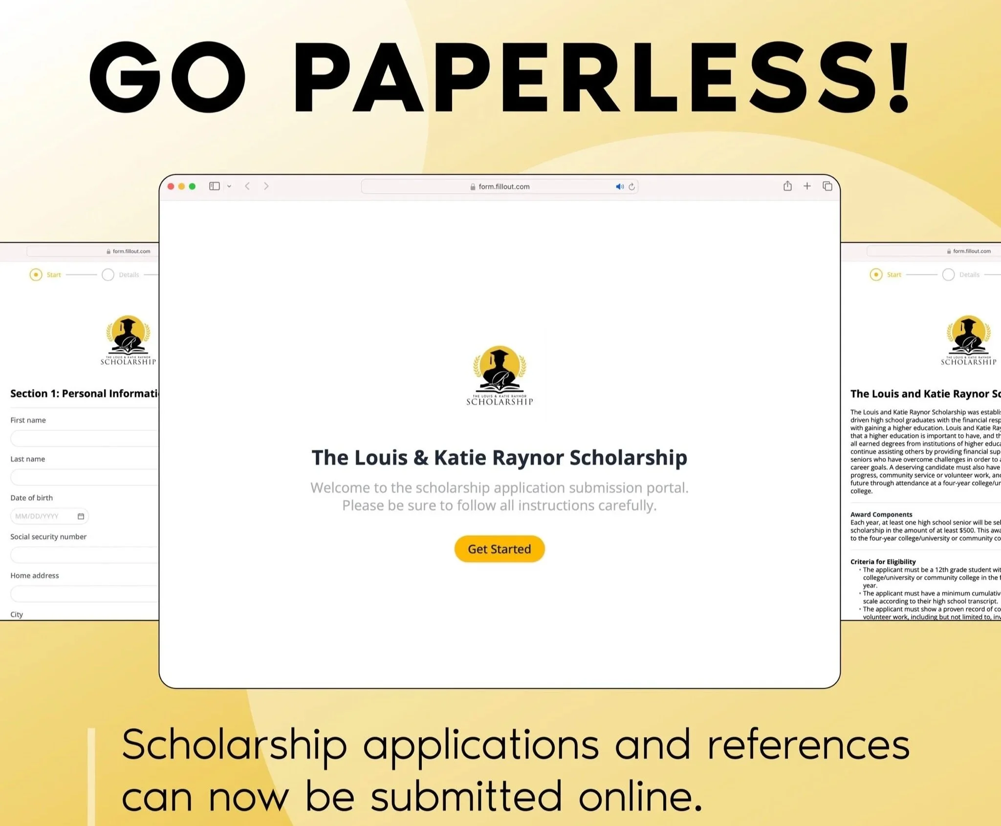 How the scholarship looks on a computer screen with an announcement that scholarship applications and references can now be submitted online.