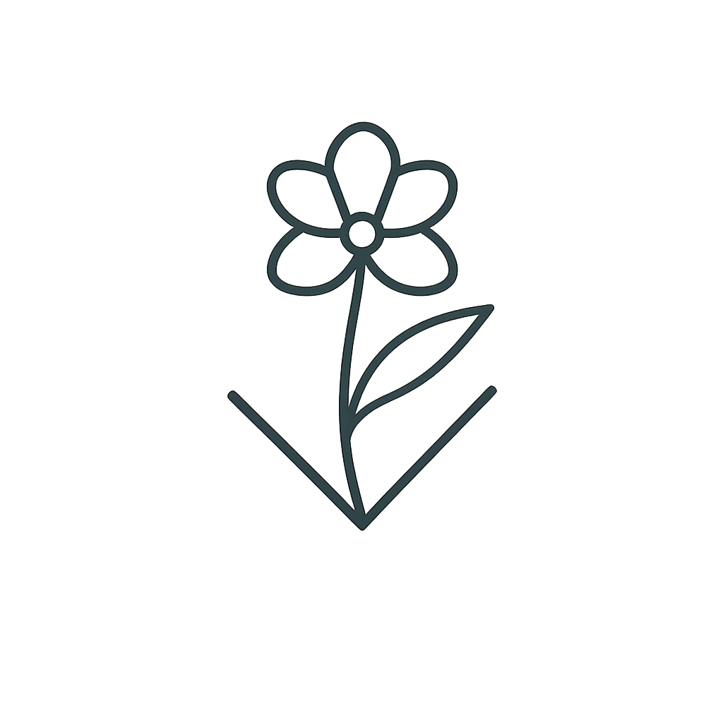 A simple line drawing of a flower with five petals, a stem, two leaves, and a circular center, on a black background.