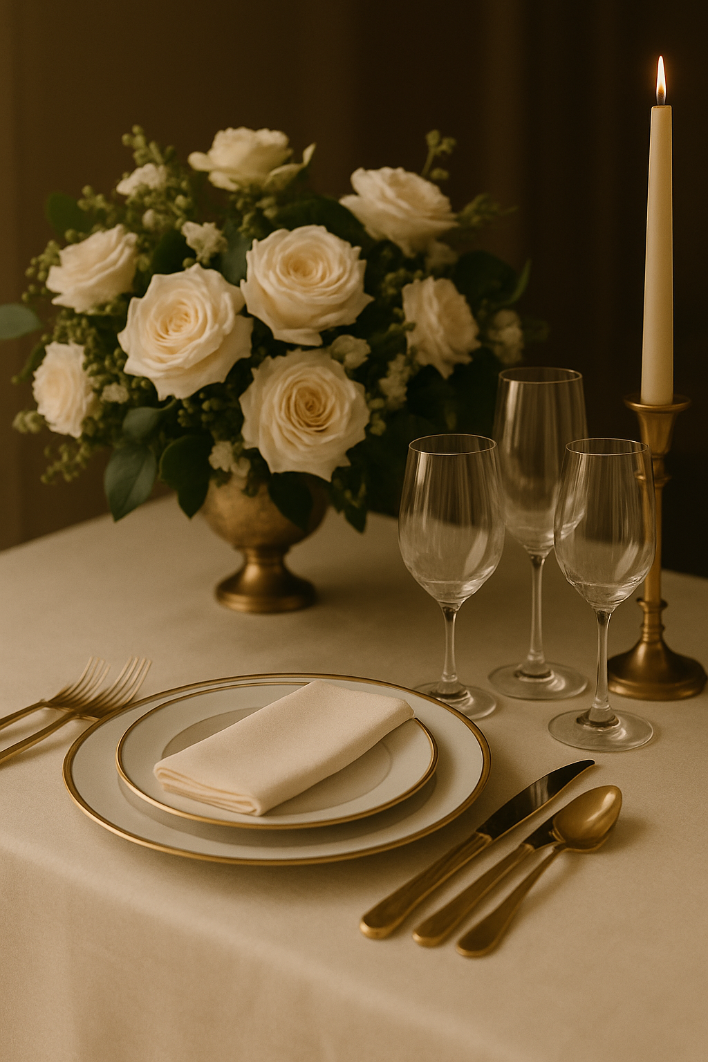 Elegant table setting with white roses, three empty wine glasses, a white candle, gold cutlery, and a fused napkin on white plates, with a beige tablecloth.