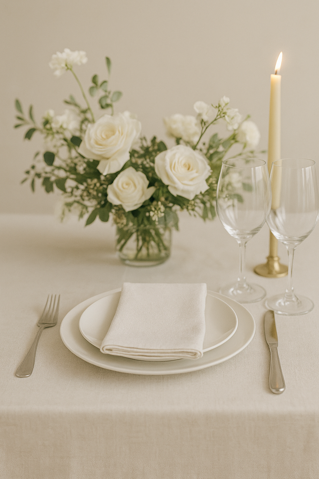 Elegant table setting with white plates, a white napkin, silverware, empty wine glasses, a tall cream candle, and a floral arrangement of white roses and greenery in a glass vase.