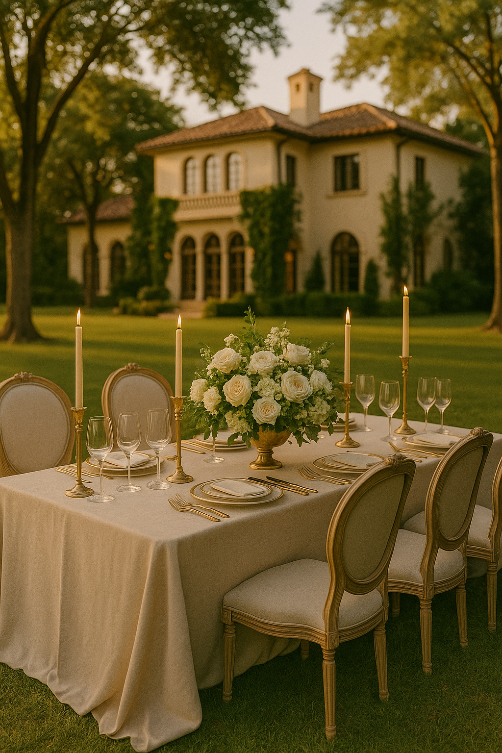 Elegant outdoor dinner table with white tablecloth, floral centerpiece, five tall candlesticks, and tableware set, in front of a large house with trees.