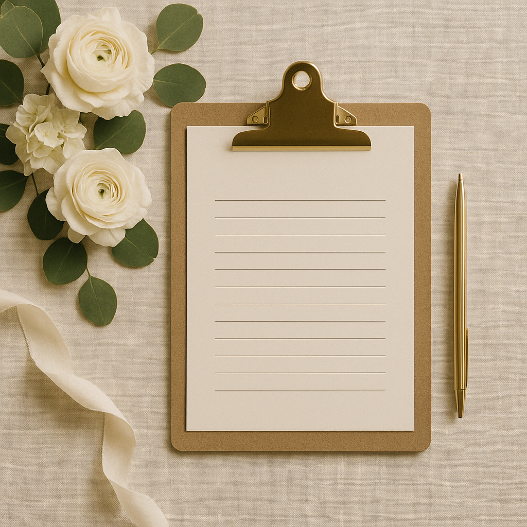 A clipboard with a lined sheet of paper, a gold pen, white flowers, and green leaves on a beige background.