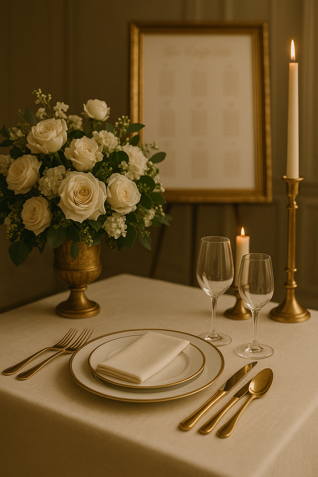 Elegant table setting with a white tablecloth, gold-rimmed plates, white napkin, gold utensils, two wine glasses, a floral centerpiece with white roses and greenery, and lit candles in gold holders.