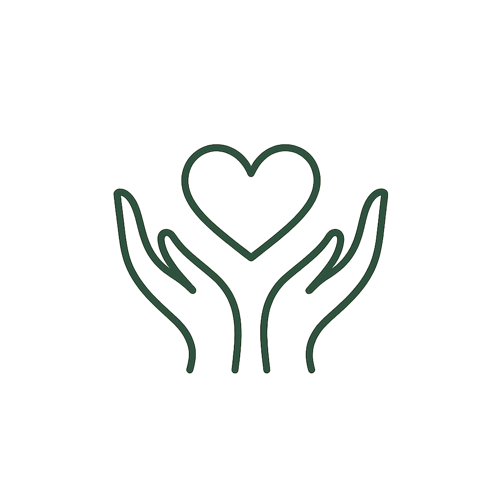 Two hands holding a heart, symbolizing care or charity.