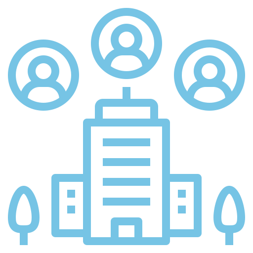 Illustration of a central office building connected to three people icons, representing a network or organizational structure.