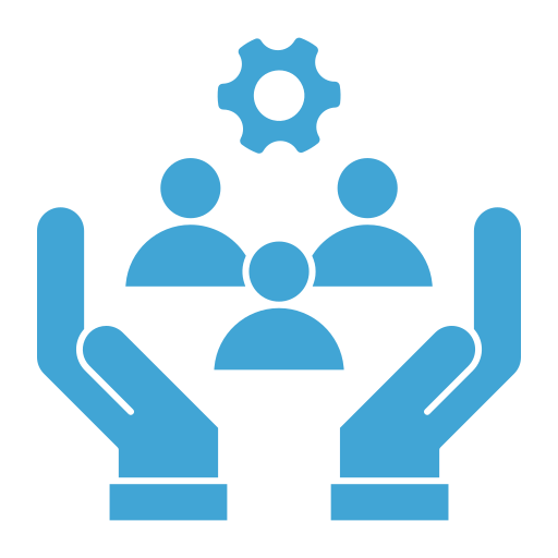 Icon of two hands holding a group of three people with a gear above them, representing teamwork or community management.