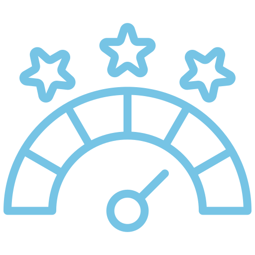 A blue icon of a gauge with three stars above it indicating high performance or rating.