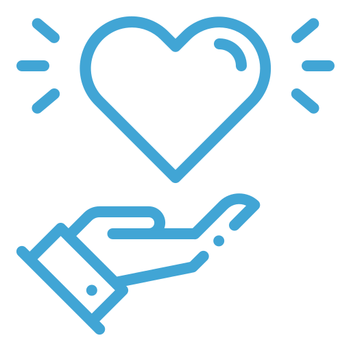 A line drawing of a hand holding up a heart, with lines radiating outward to indicate love or care.