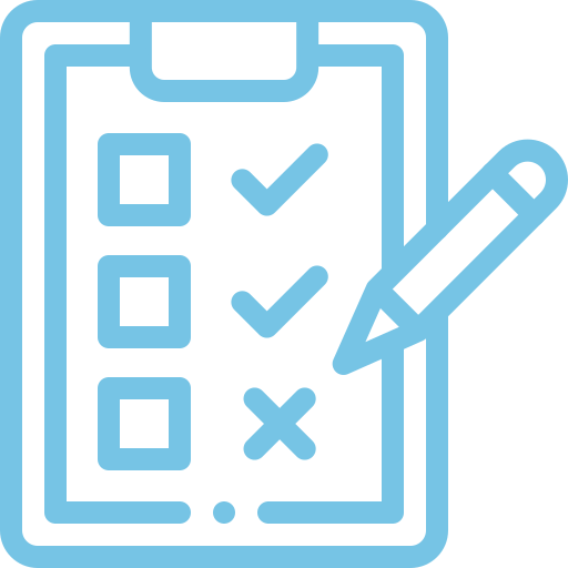 Icon of a clipboard with checkmarks, a cross, and a pen.
