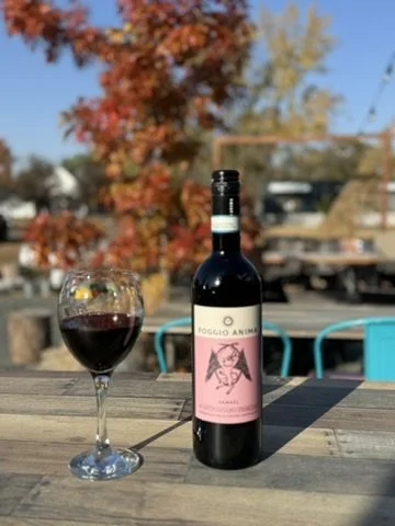 Bottle of red wine and a filled wine glass on a wooden table outdoors with trees and buildings in the background.
