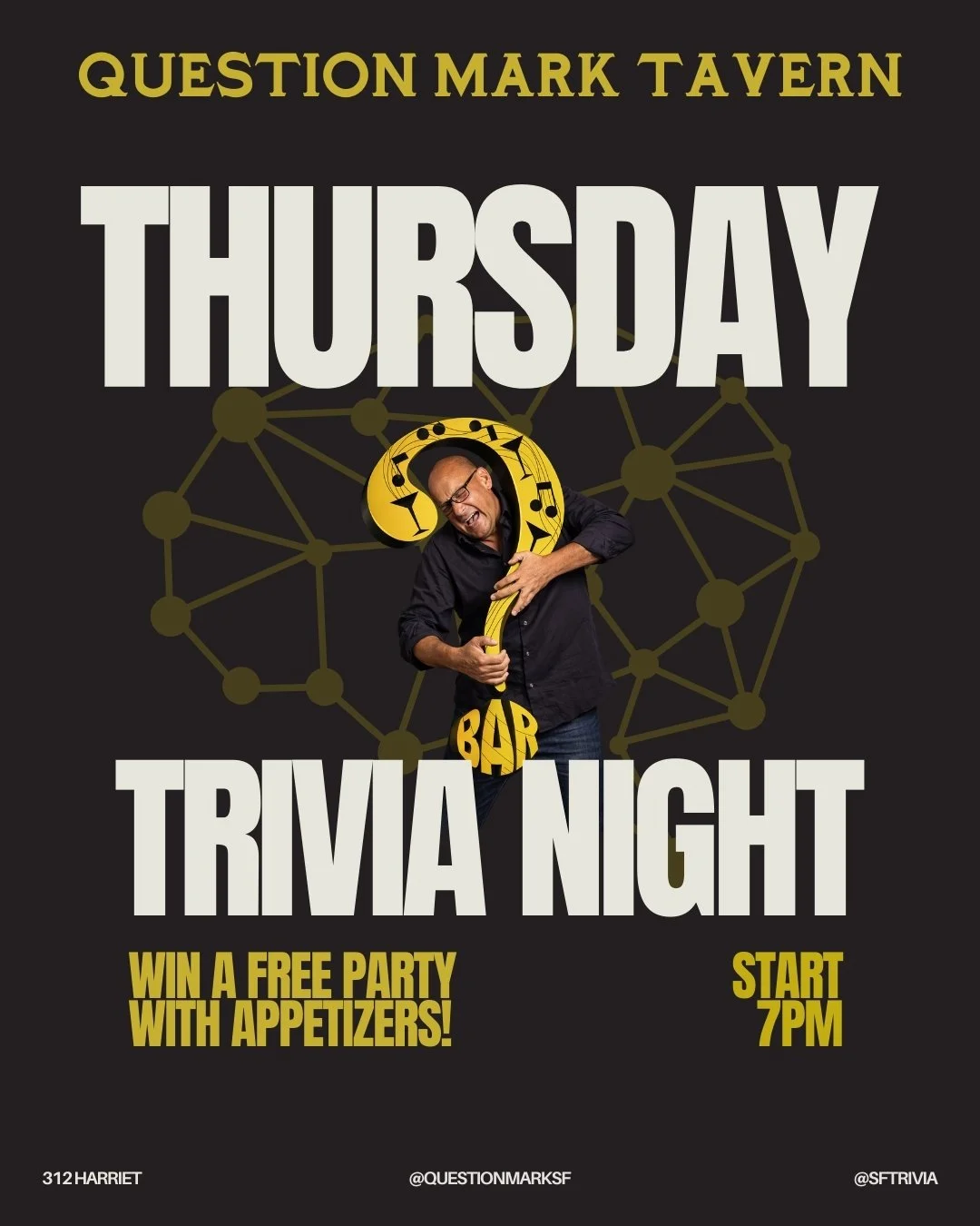 🎉 TRIVIA NIGHT &ndash; EVERY THURSDAY! 🎉

🧠 Fun Random Trivia
🧩 Puzzle Round
❓ Guess What This Is Round

🕜 Starts at 7pm 

🏆 1st Prize: $50 Gift Certificates OR a Karaoke Party with Appetizers for up to 20 people! 🎤🎶

🍻 Happy Hour 5-7PM!
$5 