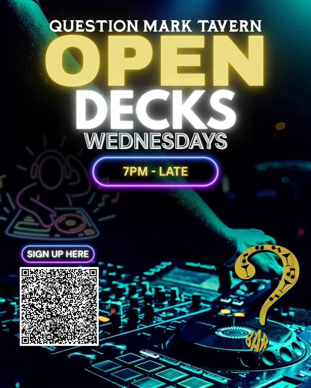 OPEN DECKS 🎧
Wednesdays &bull; 7 PM&ndash;late

A weekly hang for DJs.
All styles welcome. New faces encouraged.

🎧 45-minute sets
💾 USB playback only
🎛️ Controller &amp; sound system provided

Each set is treated like a real booking. Come prepar