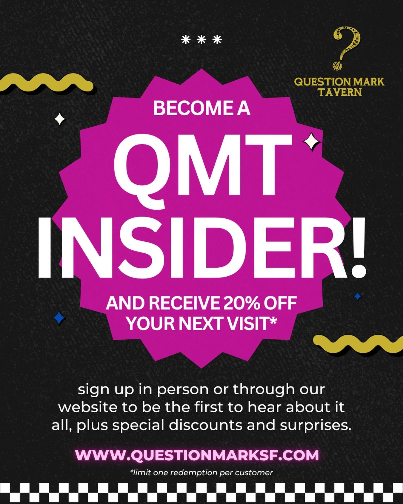 BECOME A QMT INSIDER 🔥

Get rewarded just for being part of the crew 😏

💥 20% OFF your next visit
💥 Exclusive deals &amp; surprises
💥 First to know about events, specials, and parties

Sign up in person or online and unlock the perks.

📍 Questi