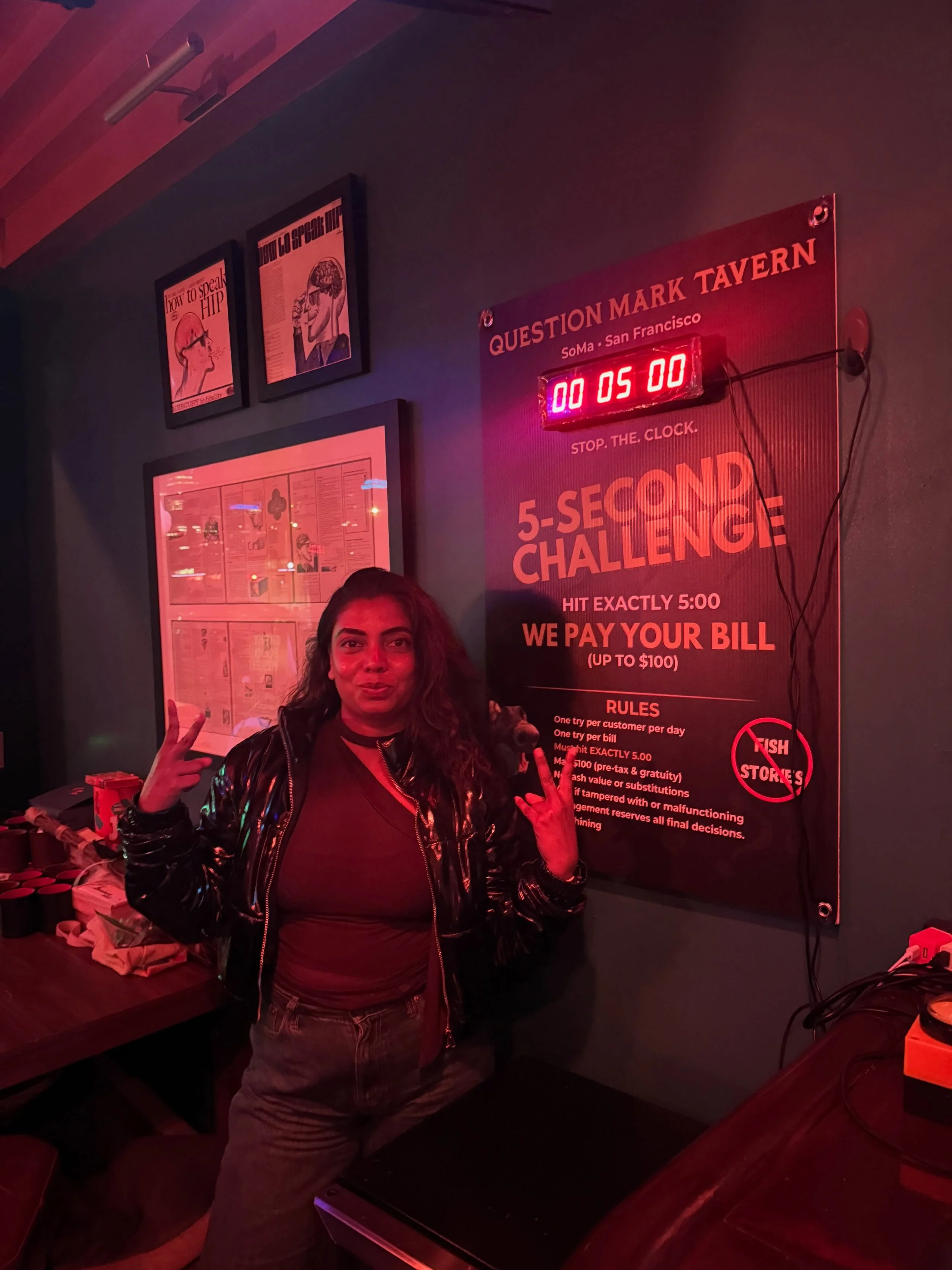🚨 WE HAVE A WINNER 🚨

She stopped the clock at EXACTLY 5.00 seconds and scored a FREE tab! 🍻⏱️

Her bill was just shy of $100, and thanks to some seriously impressive timing, she didn&rsquo;t pay a dime.

Think you&rsquo;ve got what it takes? Stop