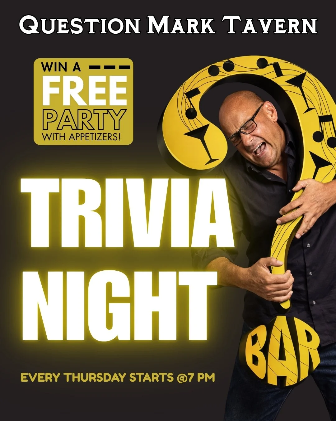 🎉 TRIVIA NIGHT &ndash; EVERY THURSDAY! 🎉

🧠 Fun Random Trivia
🧩 Puzzle Round
❓ Guess What This Is Round

🕜 Starts at 7pm 

🏆 1st Prize: $50 Gift Certificates OR a Karaoke Party with Appetizers for up to 20 people! 🎤🎶

🍻 Happy Hour 5-7PM!
$5 