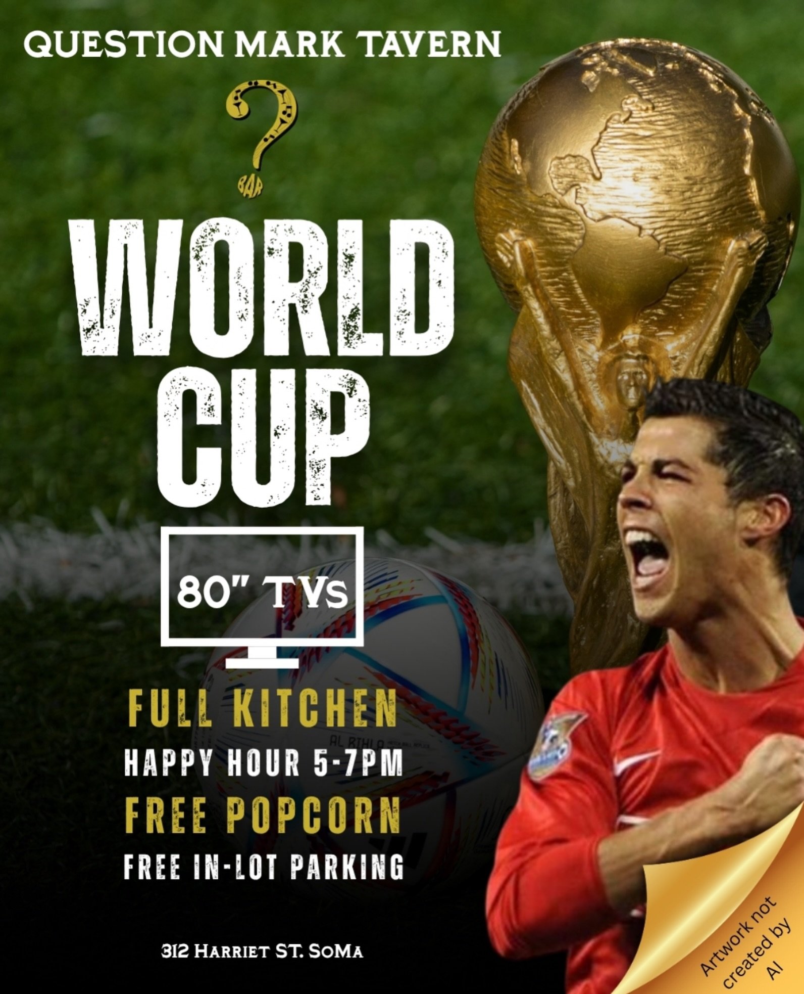 The World Cup is on at Question Mark Tavern.

Catch every match on our 80&rdquo; TVs with a full kitchen, happy hour from 5&ndash;7PM, free popcorn, and easy parking.

Whether you&rsquo;re following every game or just looking for a place to watch wit
