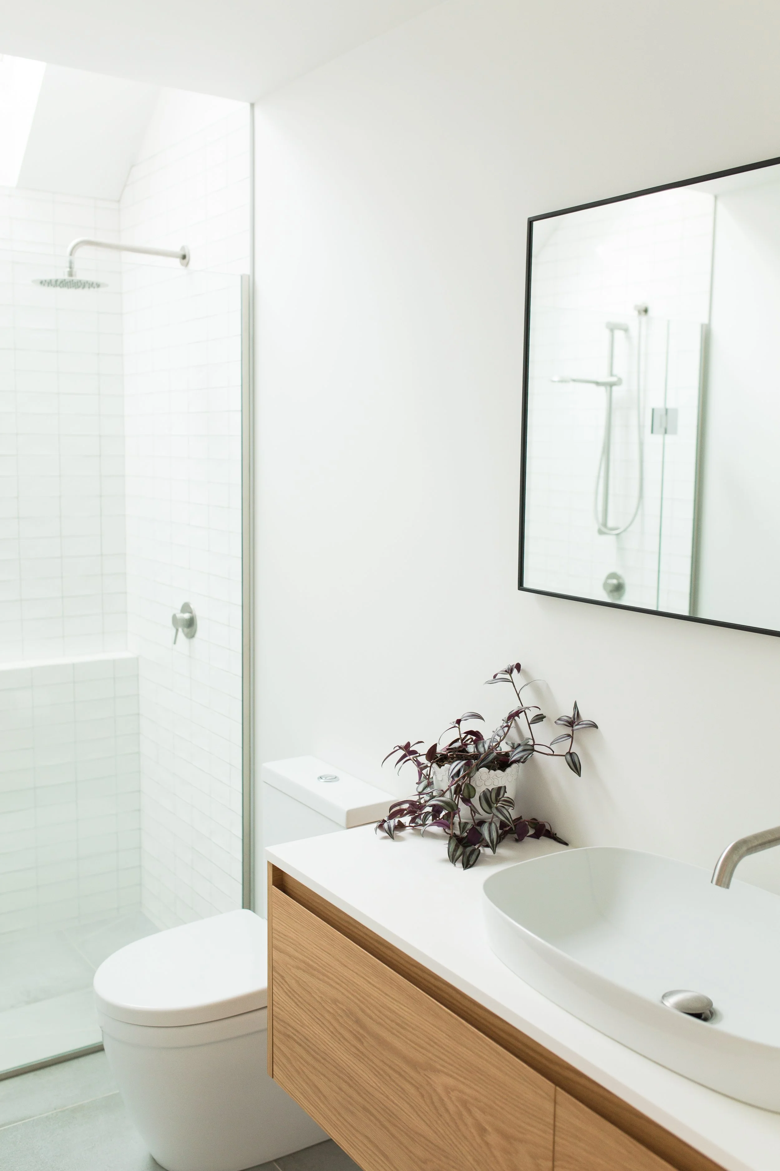 A minimalist bathroom with a walk-in glass shower, a white toilet, a wooden vanity with a vessel sink, a mirror on the wall, and a decorative plant on the counter.
