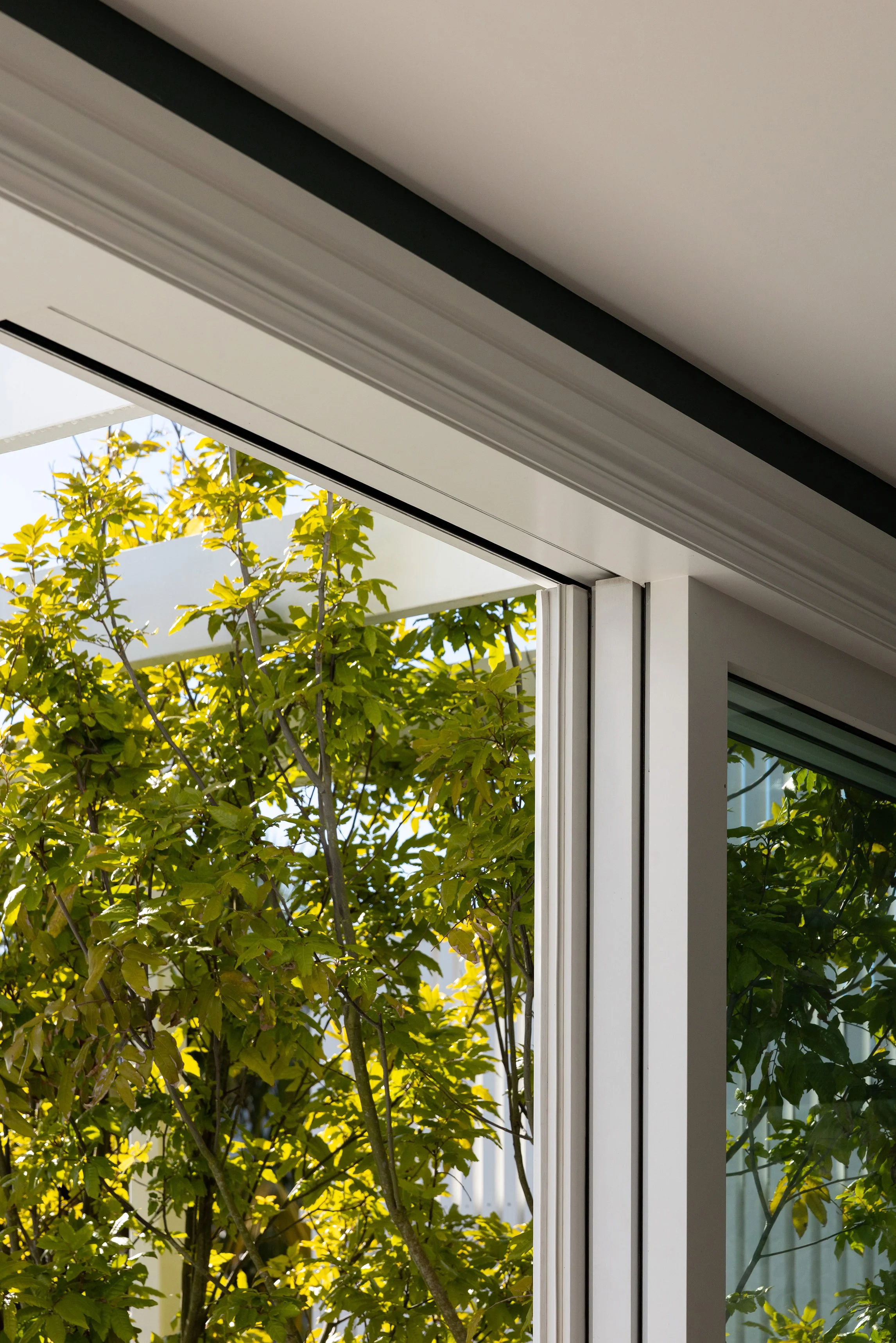 Open sliding glass door showing green leafy trees outside on a sunny day.