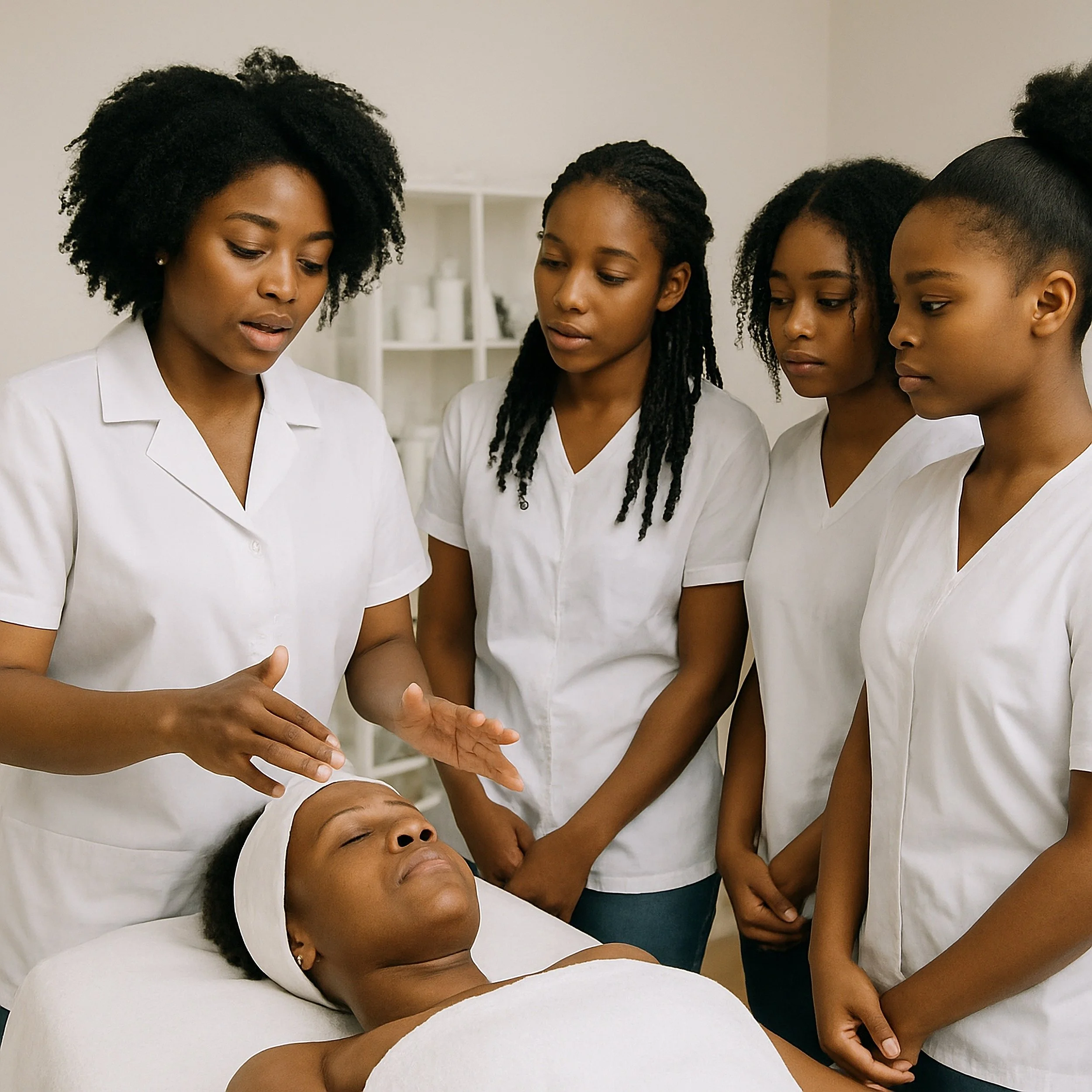 A group of four African American women in white medical uniforms are gathered around a woman lying on a bed with her eyes closed and wearing a headband, indicating a medical or skincare treatment in a clinical setting.