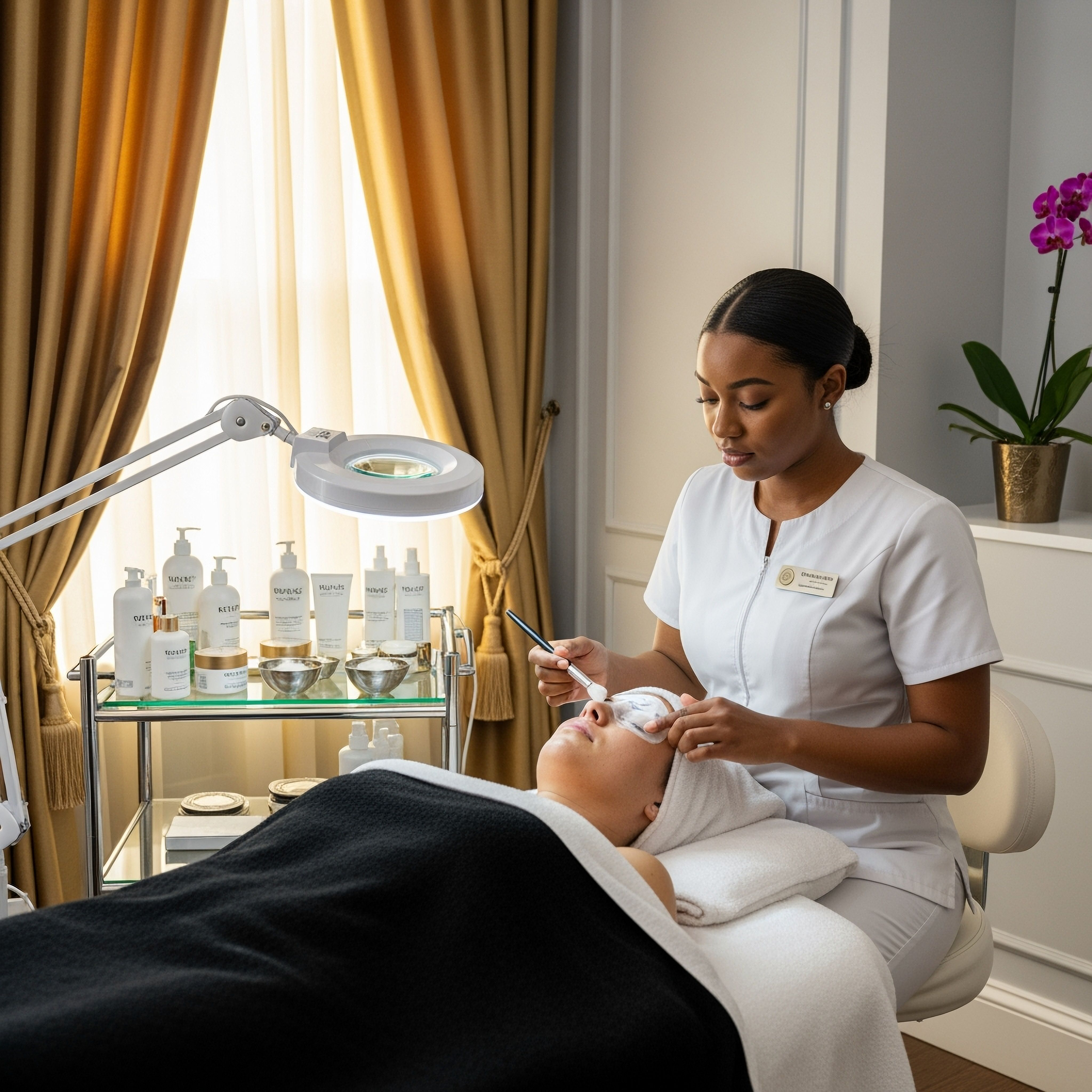 Spa professional in white uniform applying eye treatment to woman lying on a treatment bed in a luxurious spa room with golden curtains and a botanical plant.