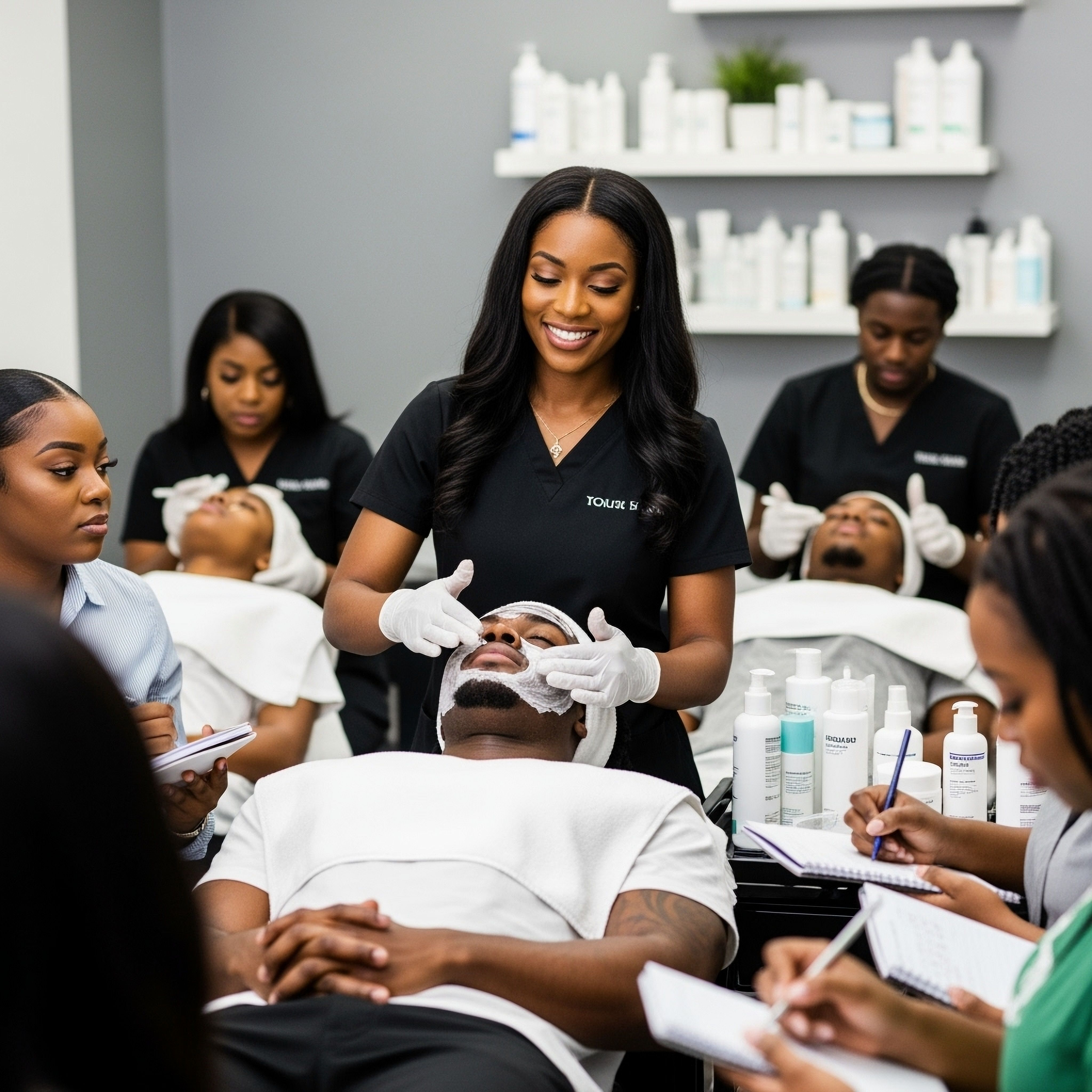 A group of people in a skincare class, with a woman in the center applying a facial mask on a man with closed eyes. Other participants are observing and taking notes.
