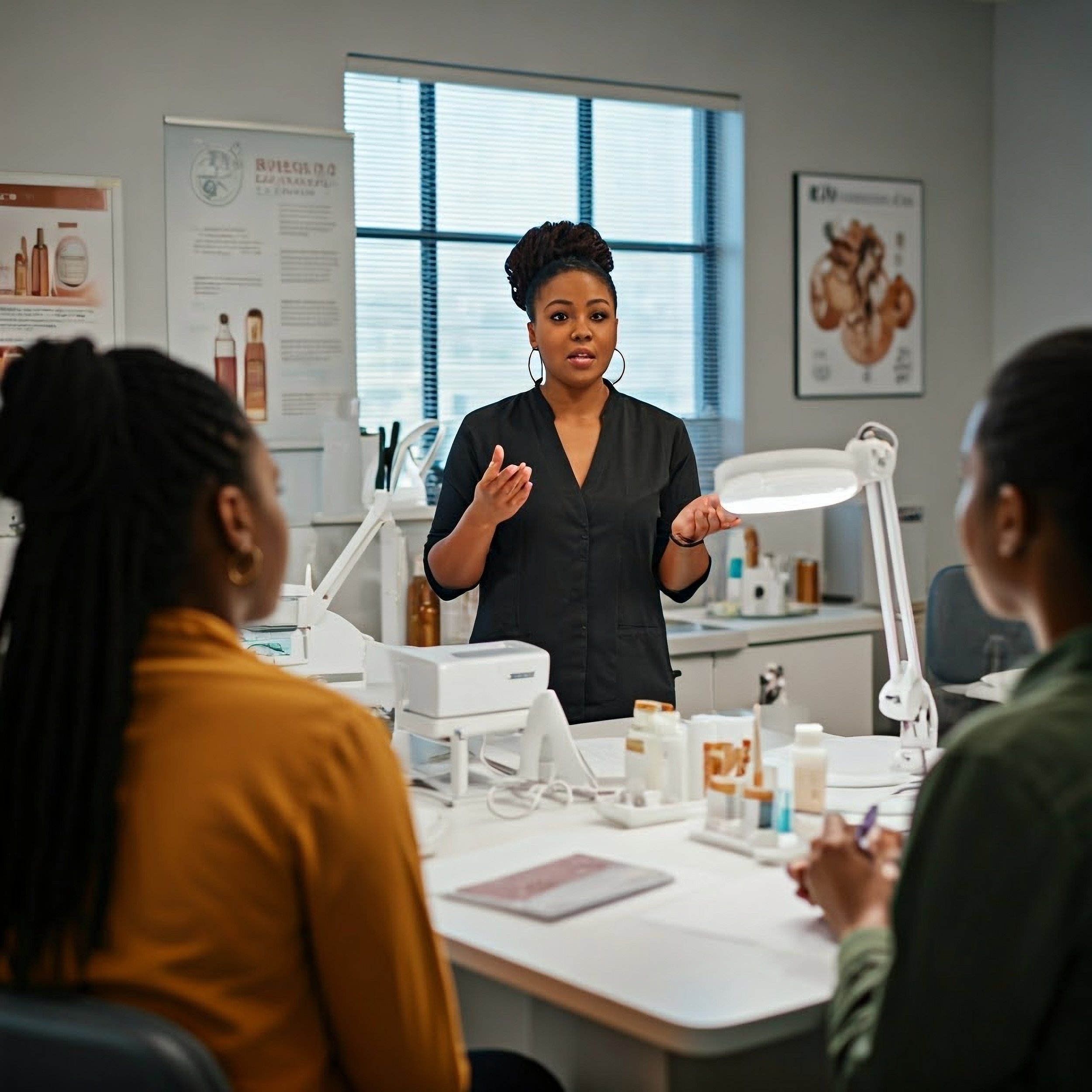 Woman giving a presentation or lecture in a medical or classroom setting with two women seated at a table, surrounded by medical or laboratory equipment.