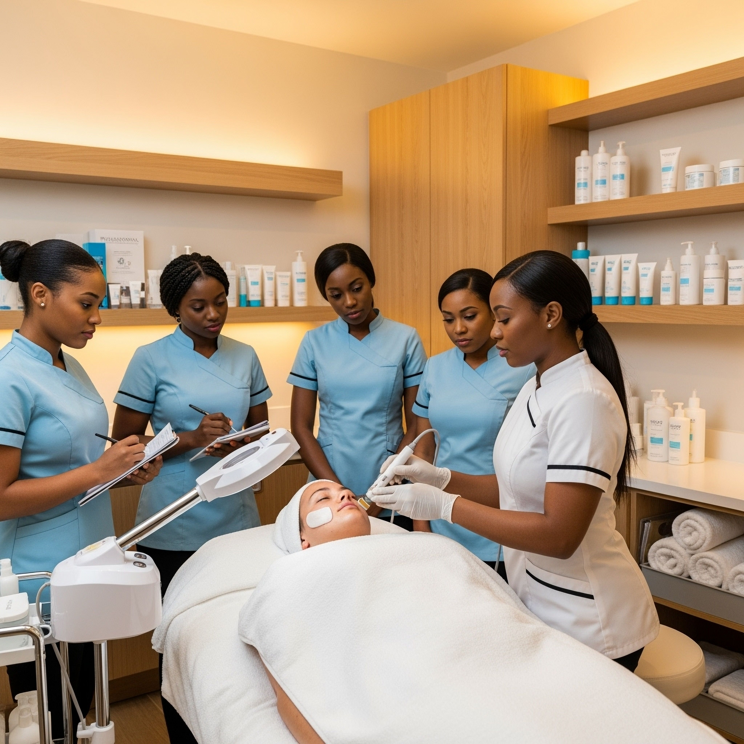 A group of five women in blue and white uniforms are gathered around a woman lying on a spa bed, receiving a facial treatment, in a spa or dermatology clinic.