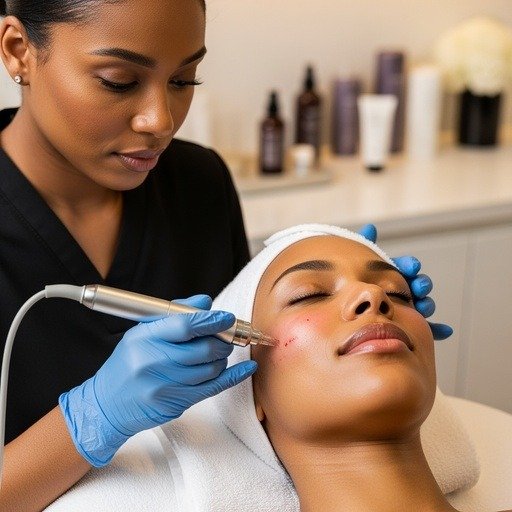 A woman receiving a facial treatment with a microdermabrasion device in a spa or skincare clinic.