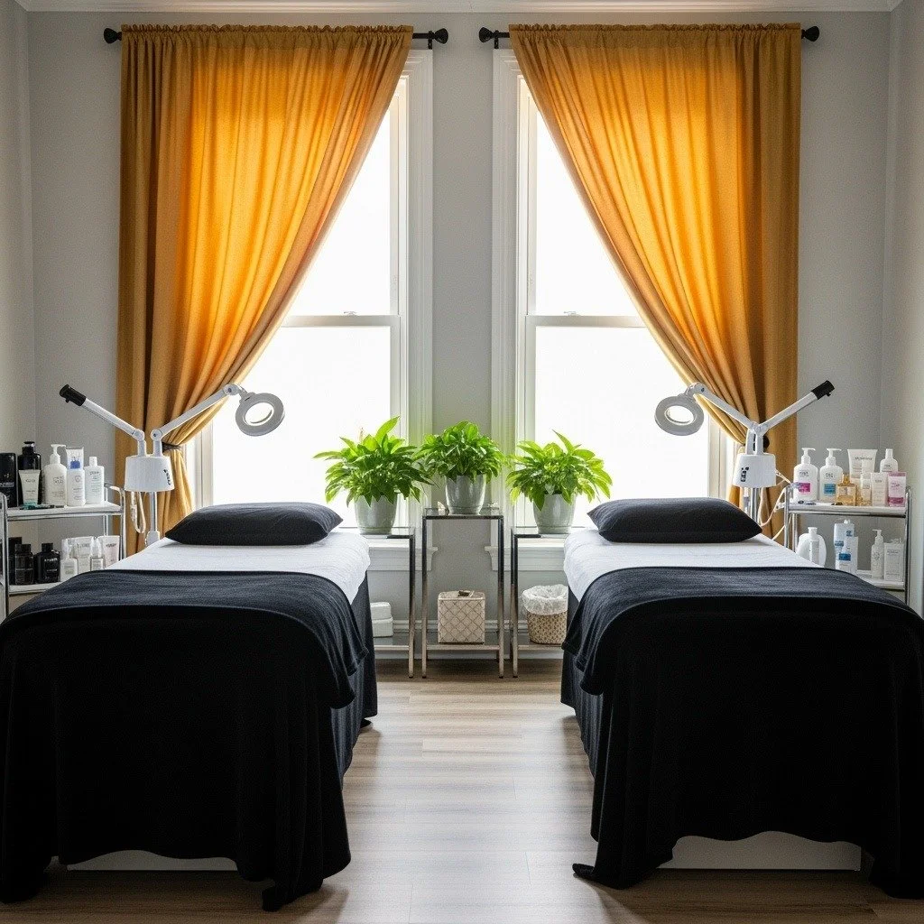 Two massage tables with black linens and pillows in a bright room, separated by a small table with potted green plants, two windows with gold curtains, and shelves with skincare products on each side.